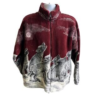 🐺Mazmania M Burgundy Wolves Full Zip Fleece Made USA Vintage 90s Cozy Cabin